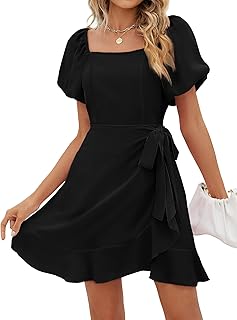 SAMPEEL Womens Summer Dresses Square Neck Puff Sleeve Tie Waist Short Dress