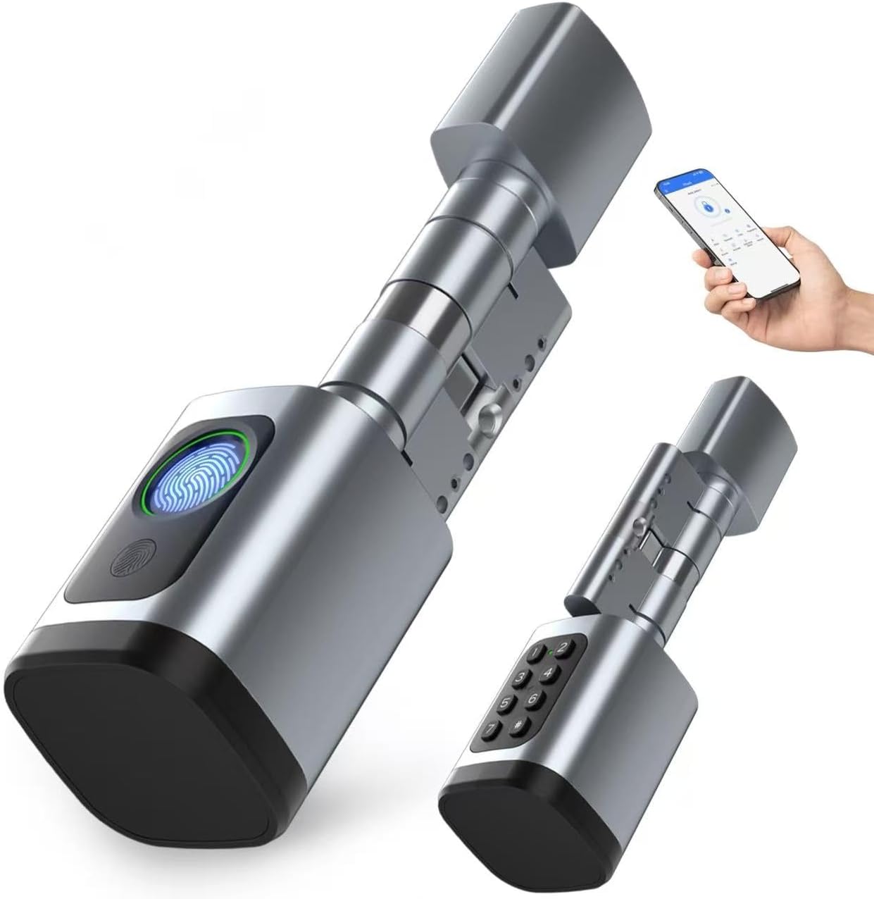 Makayuronمظهر الباب الذكي Smart Door Lock, 5 in 1 unlock, TTLock Bluetooth App Unlock,2 Keys 7 IC Cards, NFC, Adjustable Cylinder, Silver (Battery Included)