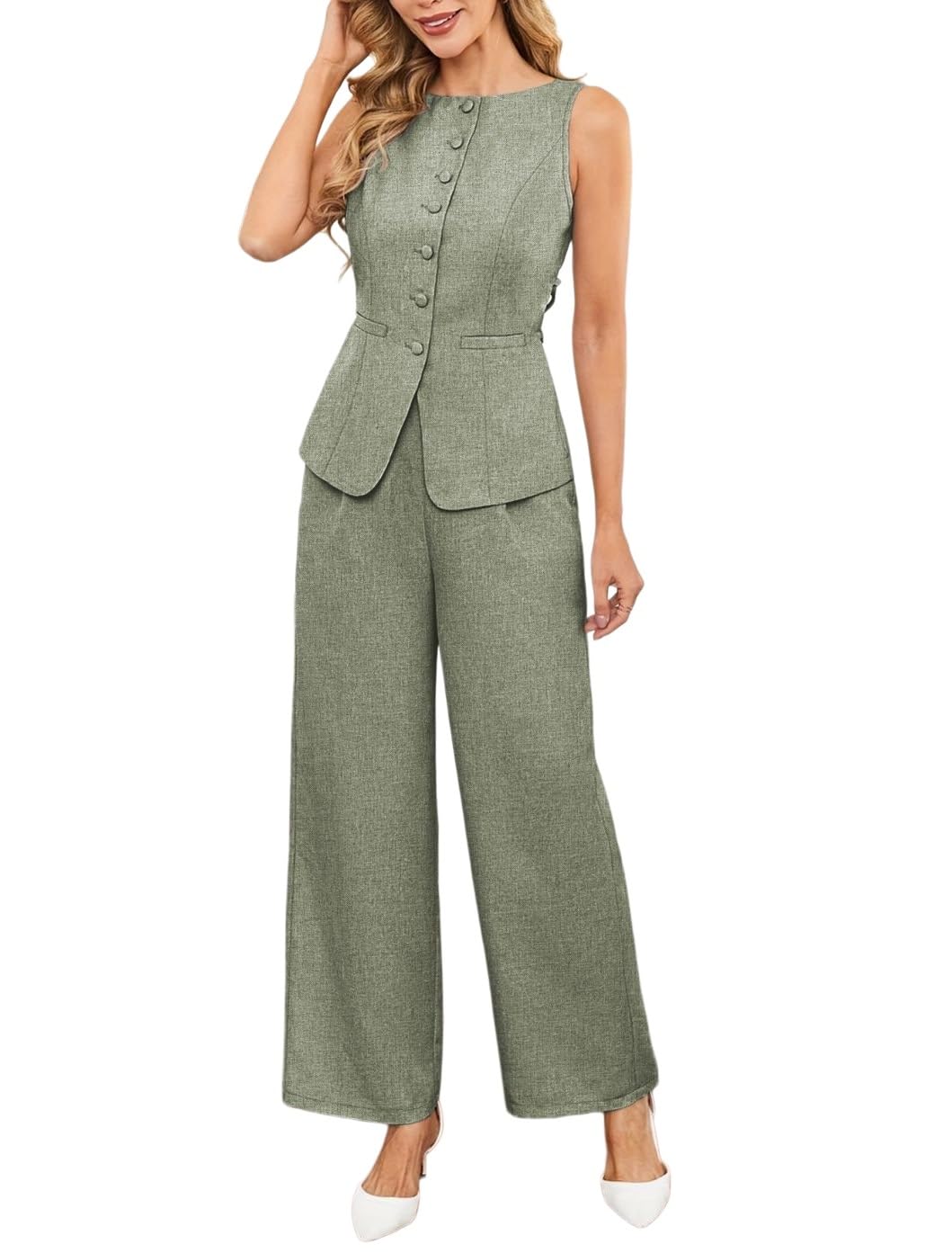 Conjunto Mujer Vestir Dos Piezas Conjunto De Traje De Verano De 2 Piezas Para Mujer: Elegante Blazer Sin Mangas Con Cuello Redondo Y Lazo En La Espalda Y Pantalones De Pierna Ancha A Juego Conjunto