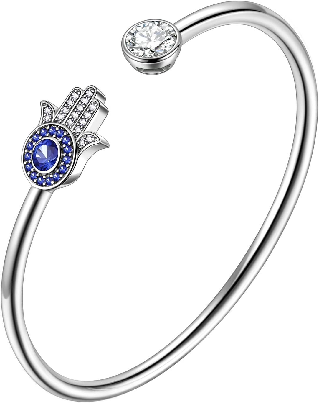 beautlace Hamsa Hand of Fatima Evil Eye Bangle Silver Plated Adjustable Hand Bracelets Protection Good Luck Jewelry Gifts for Women Men (KB0019W-US)