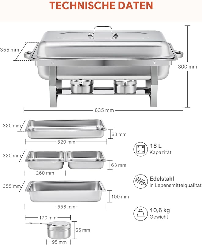 Wilprep Rozsdamentes Acél Chafing Dish Szett - 9L Ételmelegítő Tálalóedény Büféhez, 10 Tálcával, 140°C-ig, Vendéglátáshoz és Rendezvényekhez