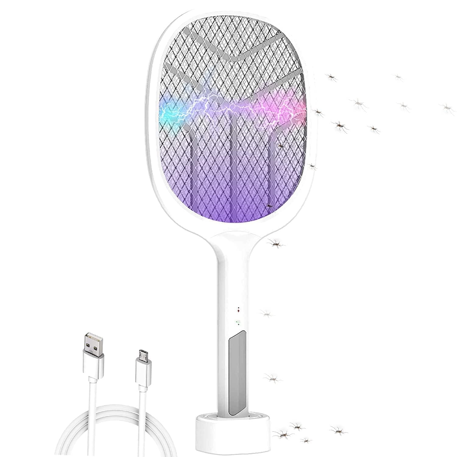 rechargeable mosquito killer racket with stand usb electric bug zapper uv light 2 in 1 handheld auto mode fly swatter for indoor outdoor insect control