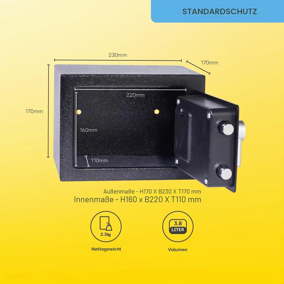 Yale Electronic Safe Mini - Schwarz - YSV/170/DB2 - Standard - Elektronischer Tresor - 3,8 L - 170 x 230 x 170 mm - Tastatur & Schlüssel