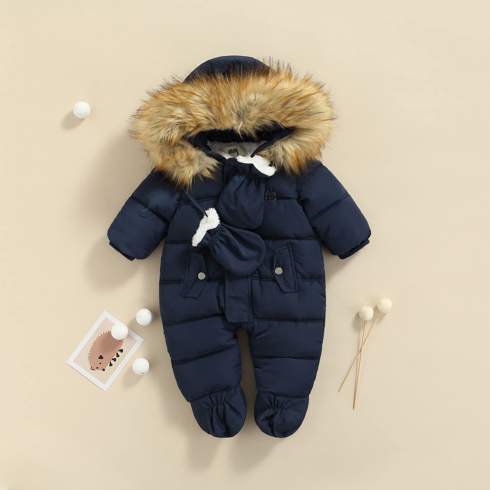 Tute da Bambino con Cerniera in Piumino con Guanti, Tuta da Pagliaccetto Invernale con Cappuccio e Peluche a Tinta Unita con Tasche