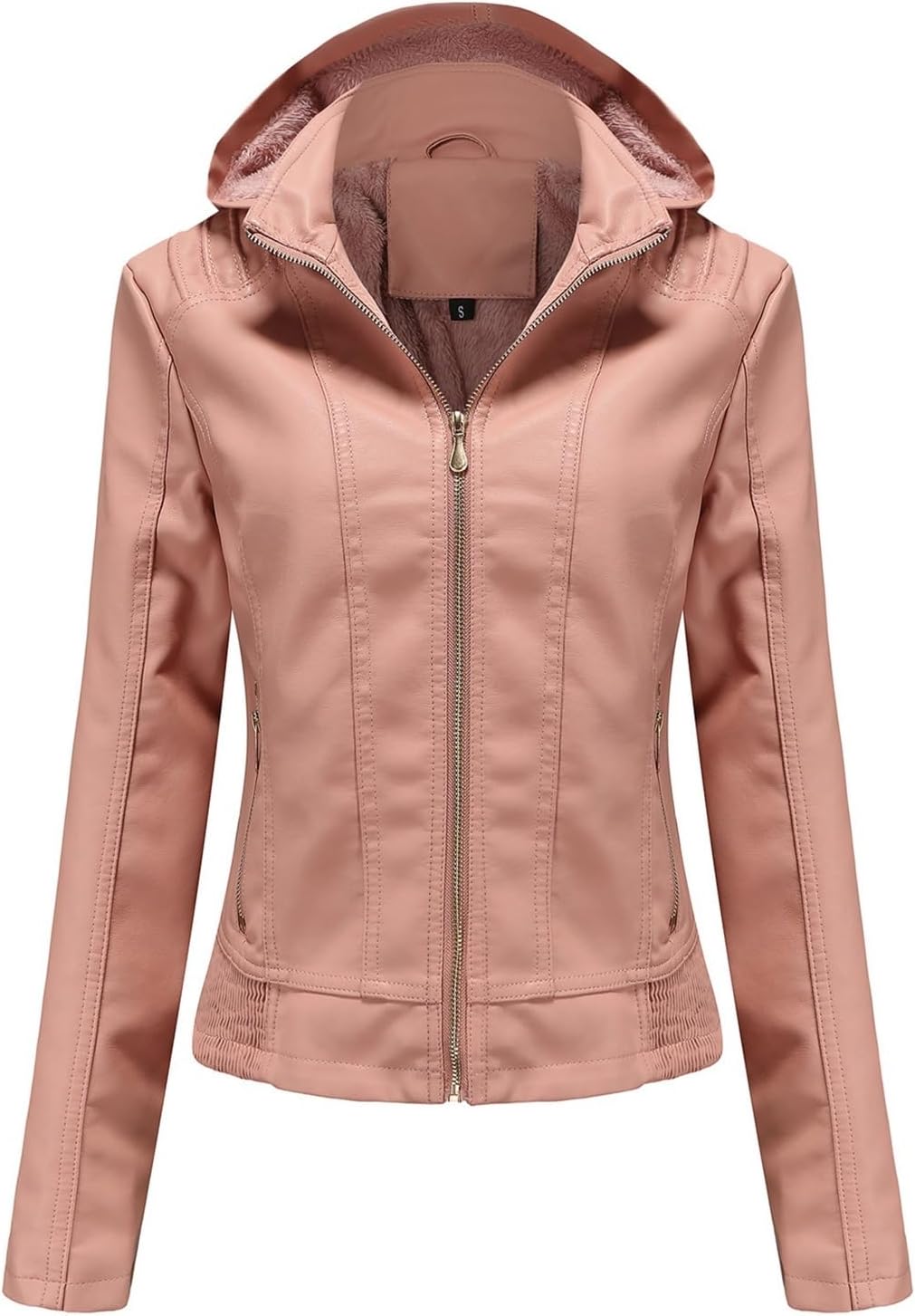 Women's Hood Motorcycle Jacket Removable Hooded Faux Leather Jacket Moto Biker Coat with Detachable Hood Black