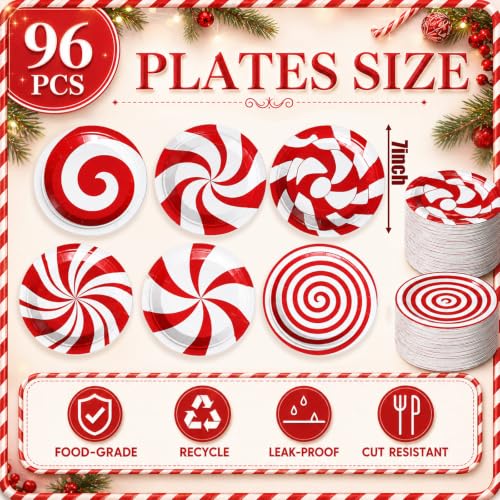 Image of Fourluoo 96 Pcs Christmas Candy Paper Plates 7 Inch Christmas Disposable Peppermint Dinner Plates for Xmas Birthday Party Table Decoration Supplies