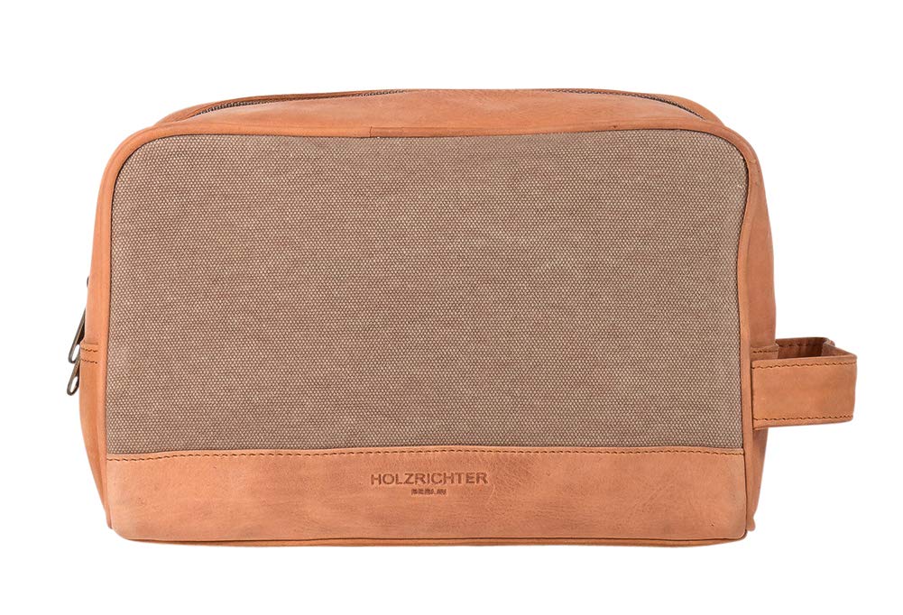 HOLZRICHTER Berlin - Kulturtasche aus Leder & Canvas für Damen & Herren (No-3-1), Kulturbeutel 15x25x13cm, Echtleder Waschtasche, Camel/Beige