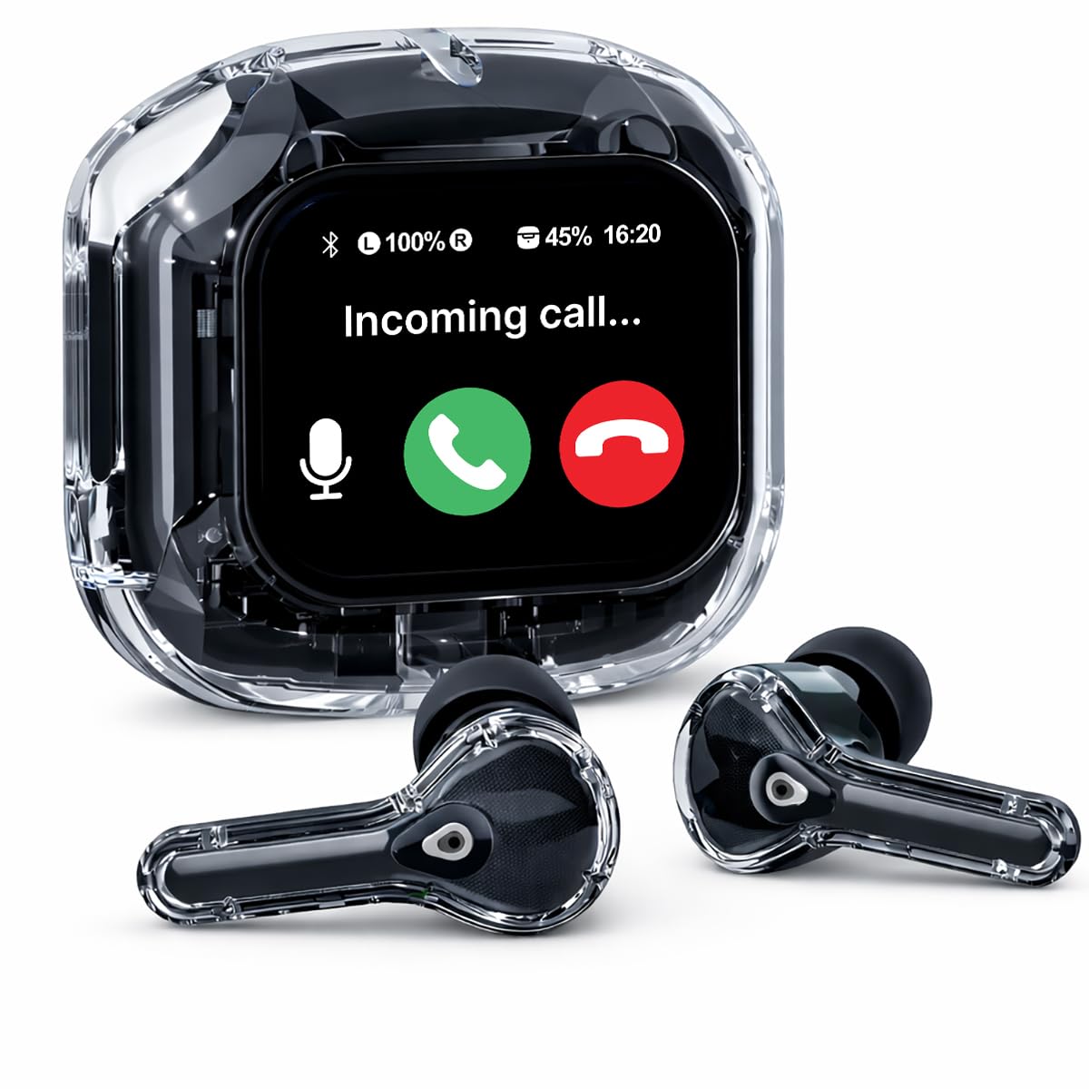 ptron bassbuds nx tws ear buds w/smart touch display, 55hrs playtime, dual mics, trutalk ai-enc calls, btv6.0, touch controls, voice assistant, type c charging, ipx5 water resistant (pearl black)
