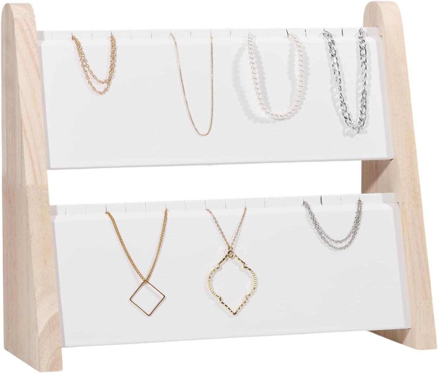 CHGCRAFT Wooden Necklace Display Stand Tray 2 Tier Leather Jewelry Display Rack Wood Necklace Storage Holder Rack for Jewelry Earrings Bracelet Show