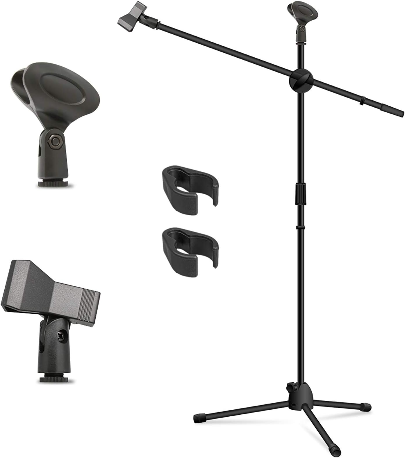 Microphone Stand, Kasonic Adjustable Tripod Boom Mic Stands with 2 Mic Clip Holders; Professional Collapsible for Performance, Karaoke Singing, Speech, Wedding, Stage and Outdoor Activity - Black