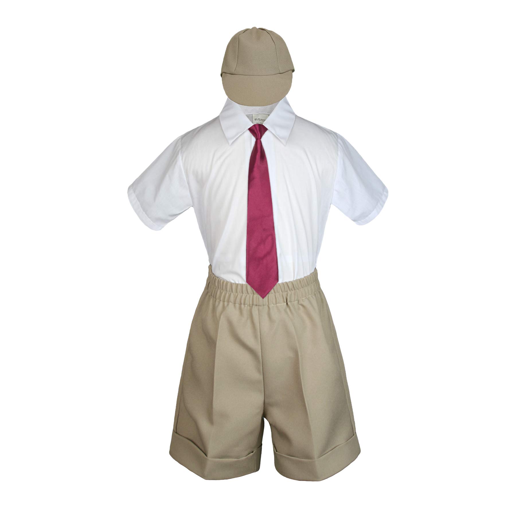 MILLTEX 4 Pieces Formal Party Wedding Color Satin Necktie Shirt W/Hat Khaki Shorts Set New Born Baby Boy Toddler Sm-4T (4T, Burgundy)