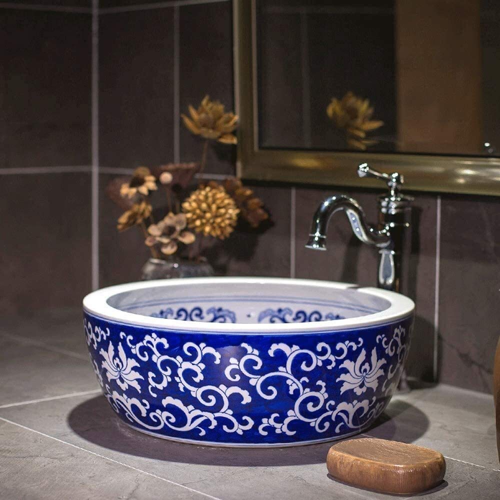 Szafka Pod Umywalkę Z Umywalką, Umywalka Łazienkowa Nablatowa, Okrągła Ceramiczna Umywalka Nablatowa W Stylu Vintage, Malowana Porcelanowa Miska Nablatowa
