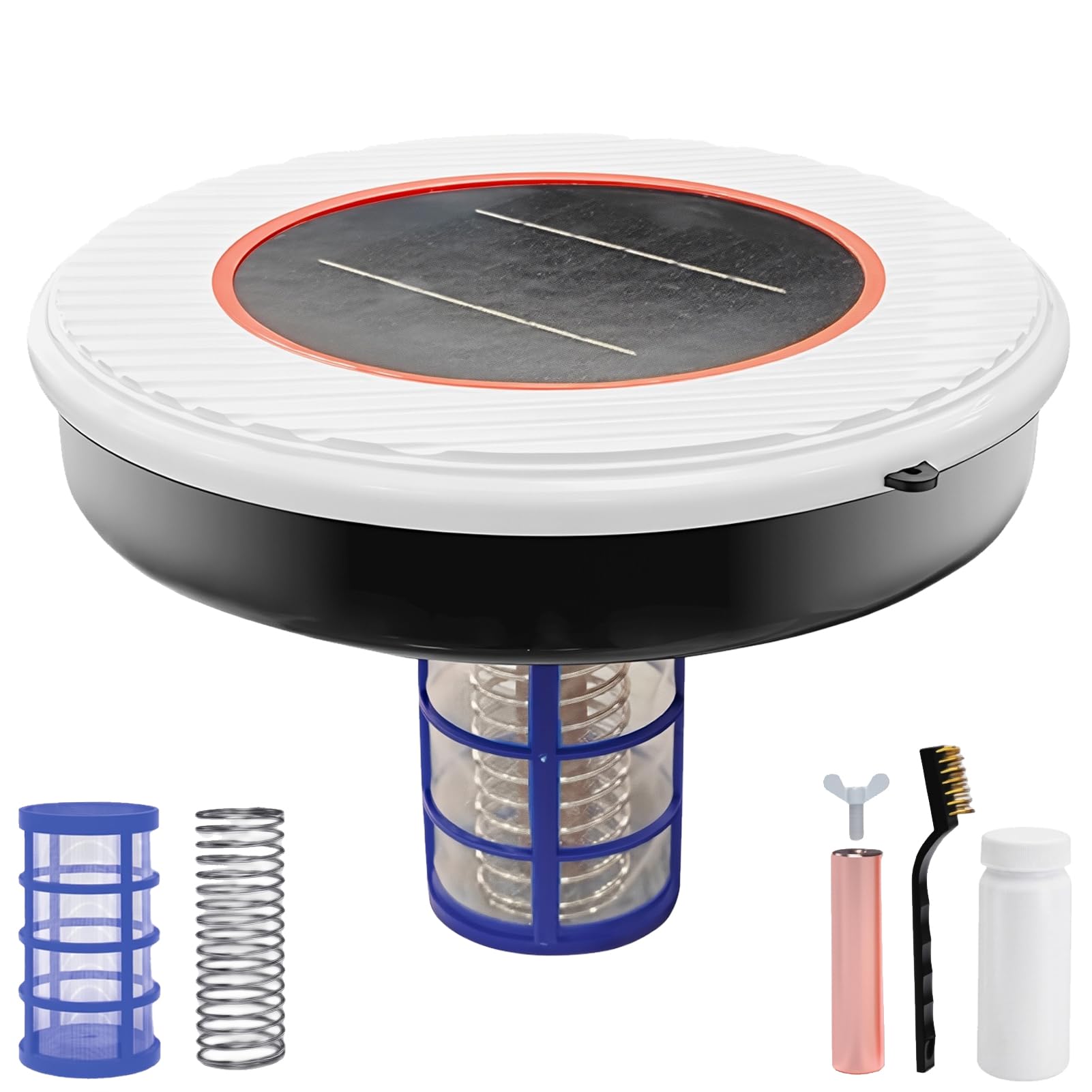 Solarny Jonizator Basenowy, Miedziany Jonizator Basenowy z Paskami Testowymi i Szczotką do Czyszczenia, Pływający Oczyszczacz Wody Wodoodporny System Solarny z Miedzi IPX7 do Basenów Naziemnych