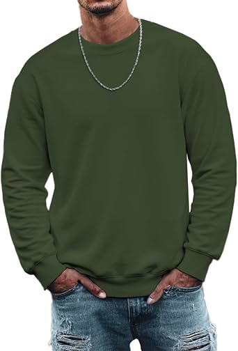Sweatshirts for Men Trendy Casual Long Sleeve Crewneck Solid Green Color Pullover Tops Drop Shoulder Lightweight Comfy Plus Size Winter Base T Shirts 2025 Daily Wear Workout Fashion Clothes,L