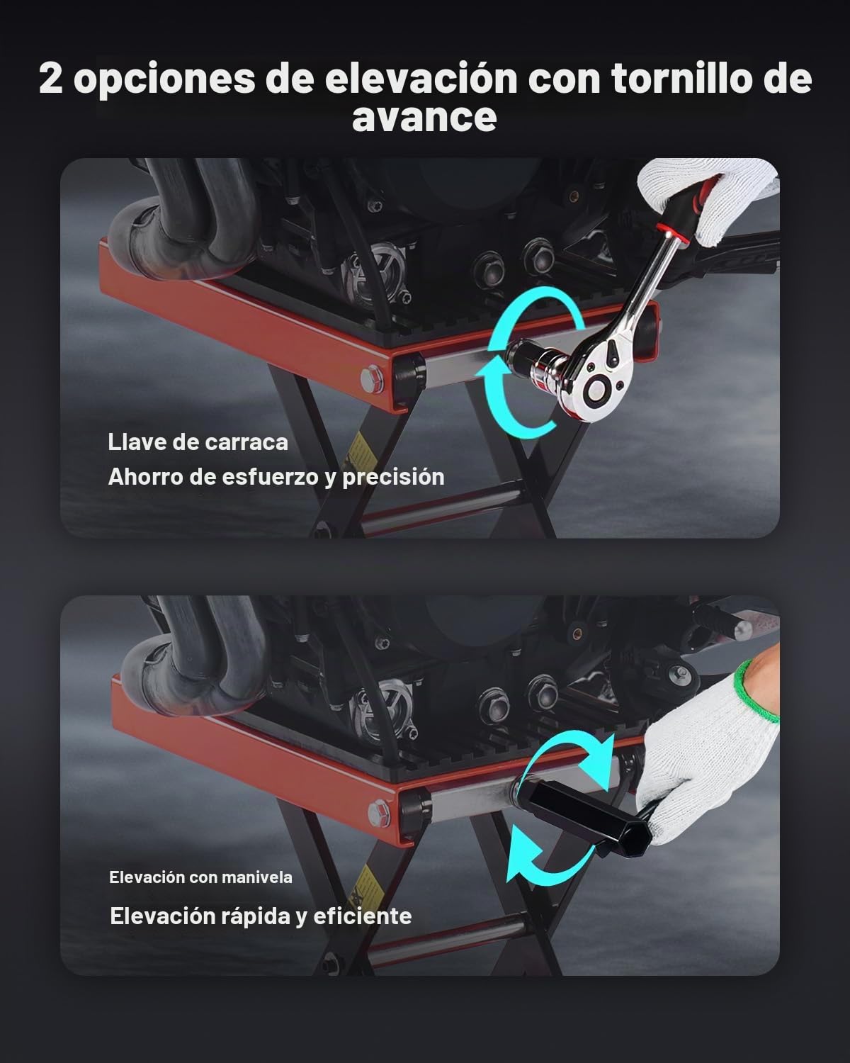 VEVOR Gato de Tijera para Motocicleta, Carga 544 kg, Rango de Altura 105 a 380 mm, Acero Resistente, con Trinquete y Manivela para Vehículos Todo Terreno y Motos Cross, 420 x 240 x (105-380) mm