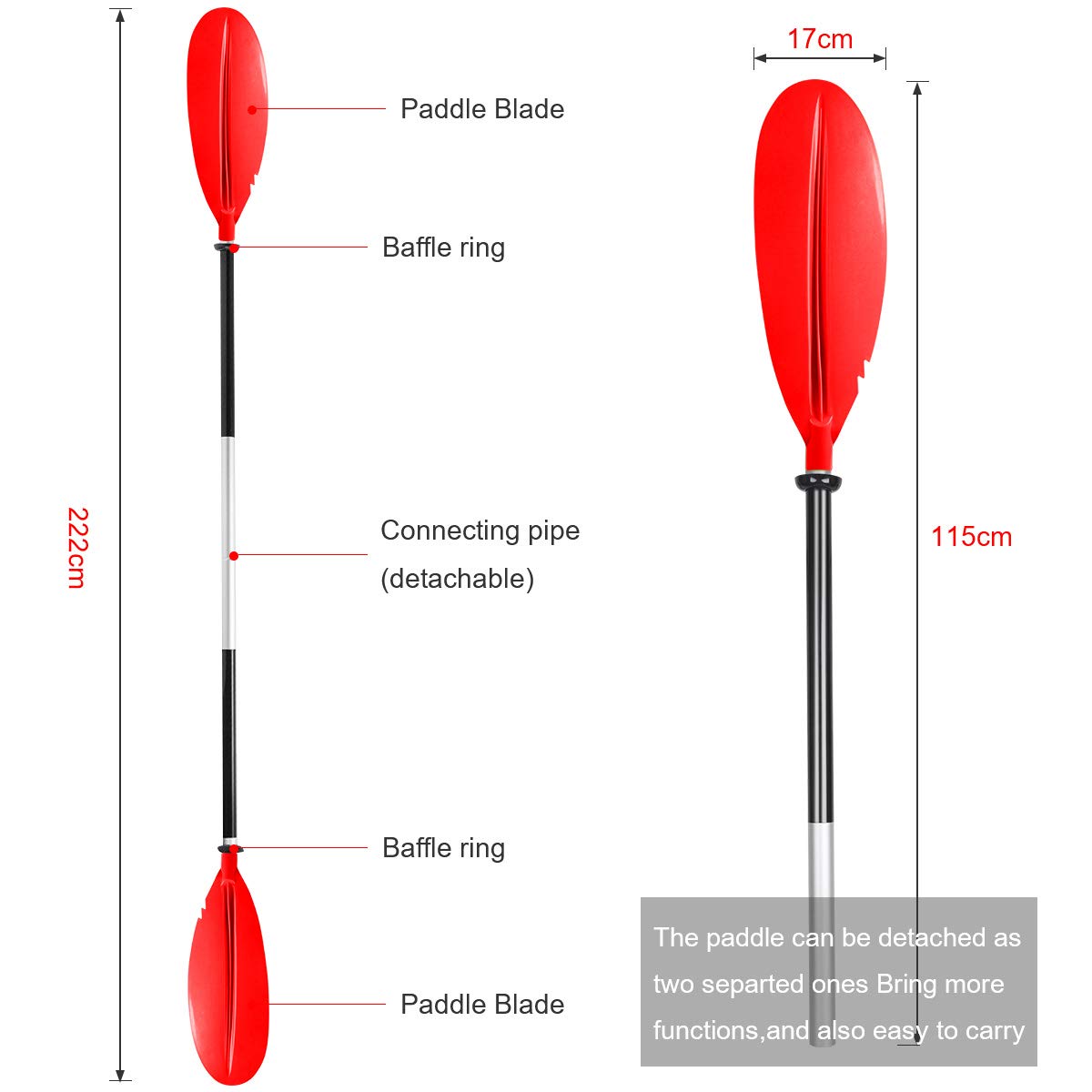 Pagaia Doppia per Kayak 222cm, Pagaia Canoa Regolabile Alluminio per Canoa Kayak SUP Barche Gommone, Pagaia Kayak Smontabile