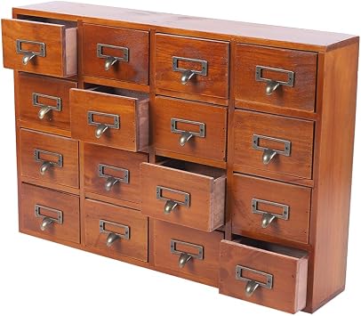 Wooden Desk Drawer Organizer, Vintage 16 Drawers Apothecary Cabinet, Library Card Catalog Cabinet, Coffee and Tea Organizer Drawer Brown