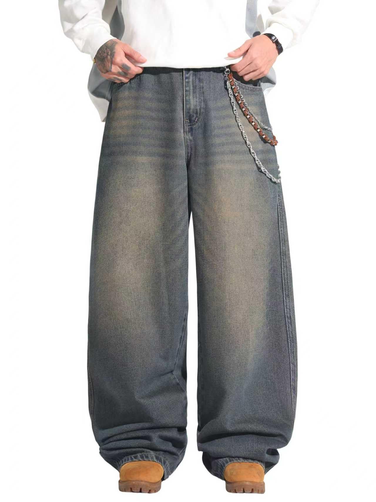 DFGIGT Hip Hop Baggy Jeans for Men Stylish Wide Leg Skater Jeans Loose Fit Denim Pants Streetwear