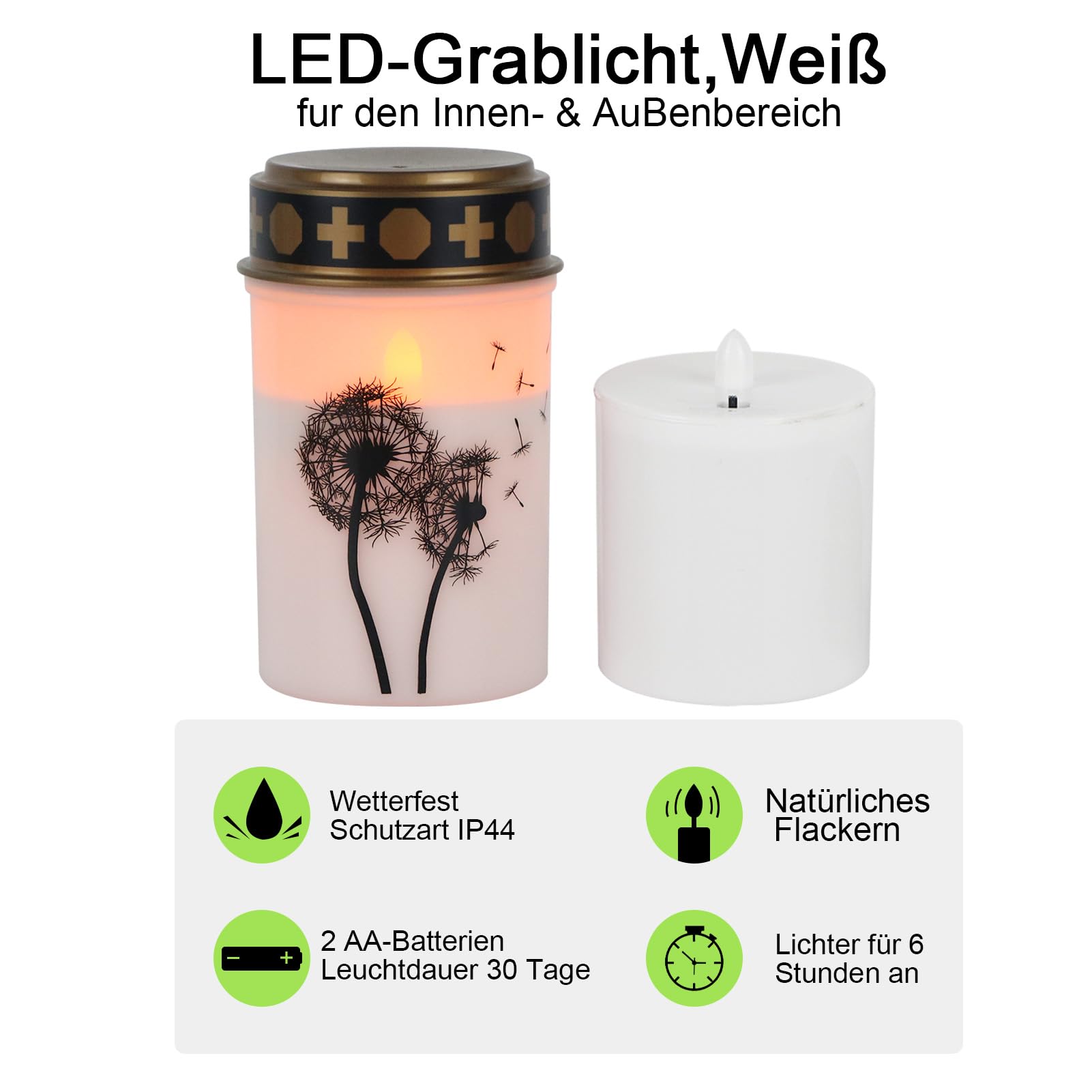 Eldnacele Weiße flackernde LED Grabkerzen mit 6-Stunden-Timer, batteriebetrieben, wasserdichte flammenlose Grabkerzen-Gedenkkerze (2er Pack)