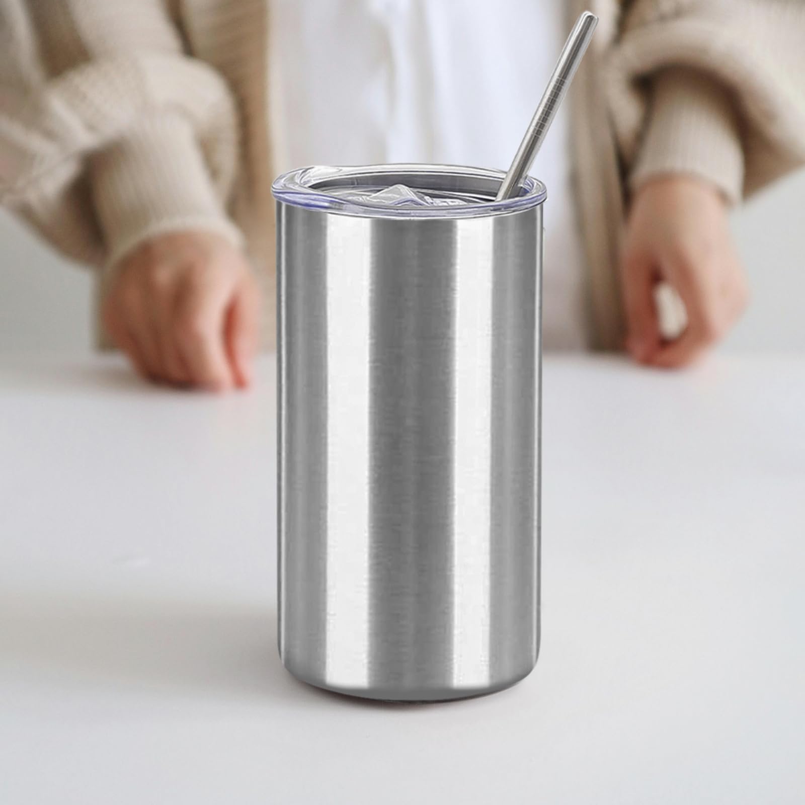 YOUKE OLA Trinkgläser, Rohlinge, schmal, gerade, Edelstahl, doppelwandig, isolierte Wasserflaschen mit Deckel und Strohhalm, für DIY-Geschenk, 340 ml, Silber, 16 Stück