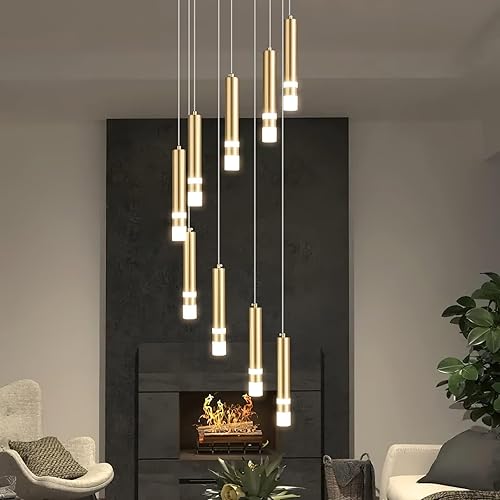 Miniatura 2 de Lámpara colgante moderna de 9 luces, regulable, LED, 54 W, escalera dorada, gran vestíbulo, sala de estar, dormitorio, vestíbulo, techo alto