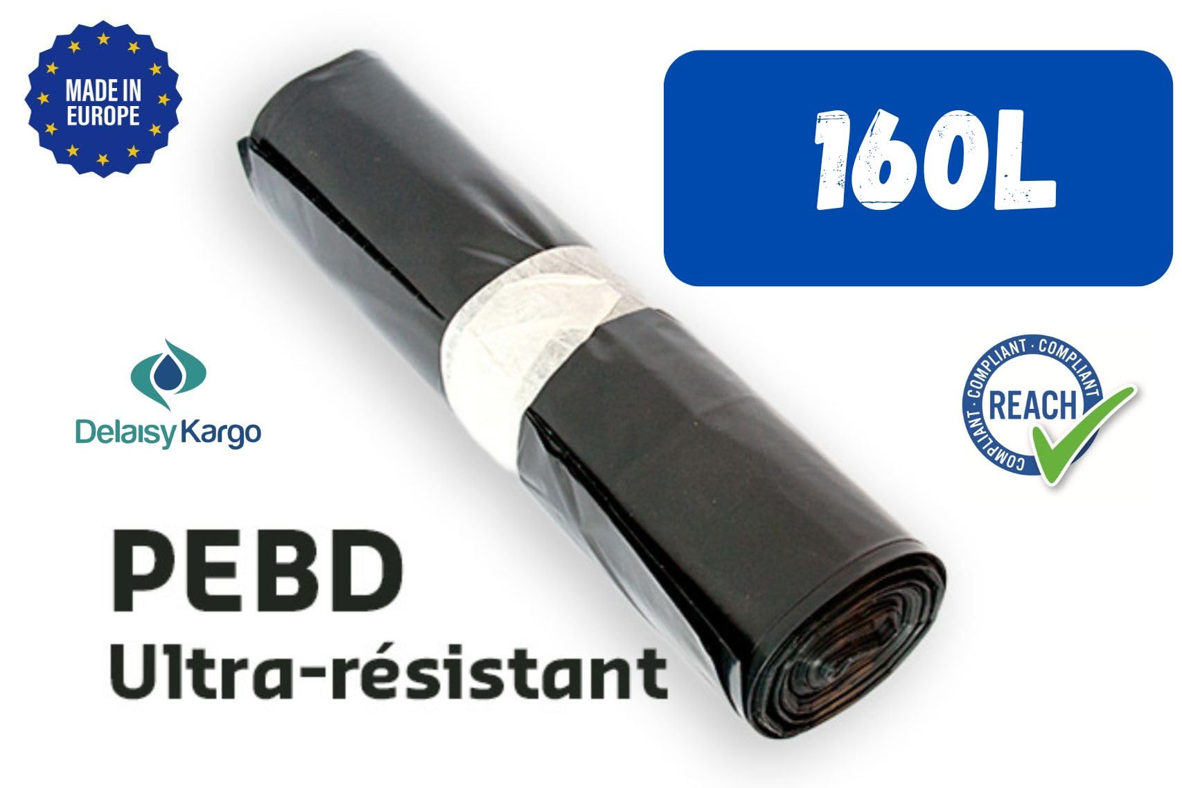 Bolsa de basura de 160 litros (cartón de 100 bolsas) | Reforzado - Muy resitante (40µ) | Todos los residuos y basura | Negro opaco - Resistente al agua - Opaco - Anti cortes |