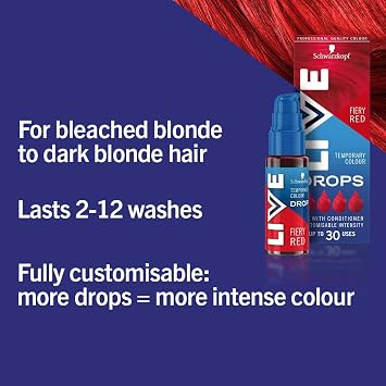 Schwarzkopf LIVE Colour Drops, Vegan, Semi-permanent, Red Hair Dye, Lasts 2 to 12 Washes, Fiery Red 30 ml