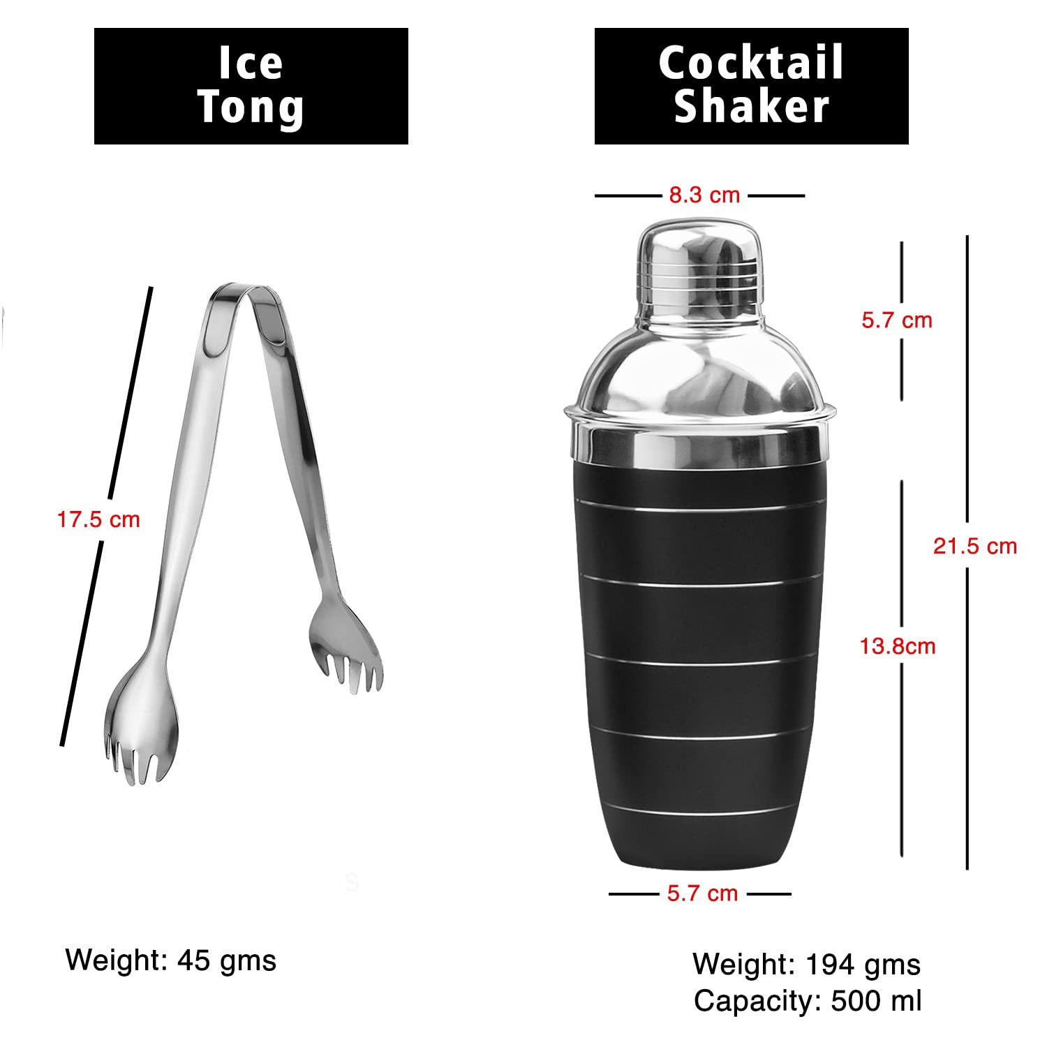 STEREN IMPEX Pack Of 4 Piece Black Ring Bar Set For Drink/Gift, Double Wall - Ice Bucket With Tong, Peg Measurer & Cocktail Shaker 2