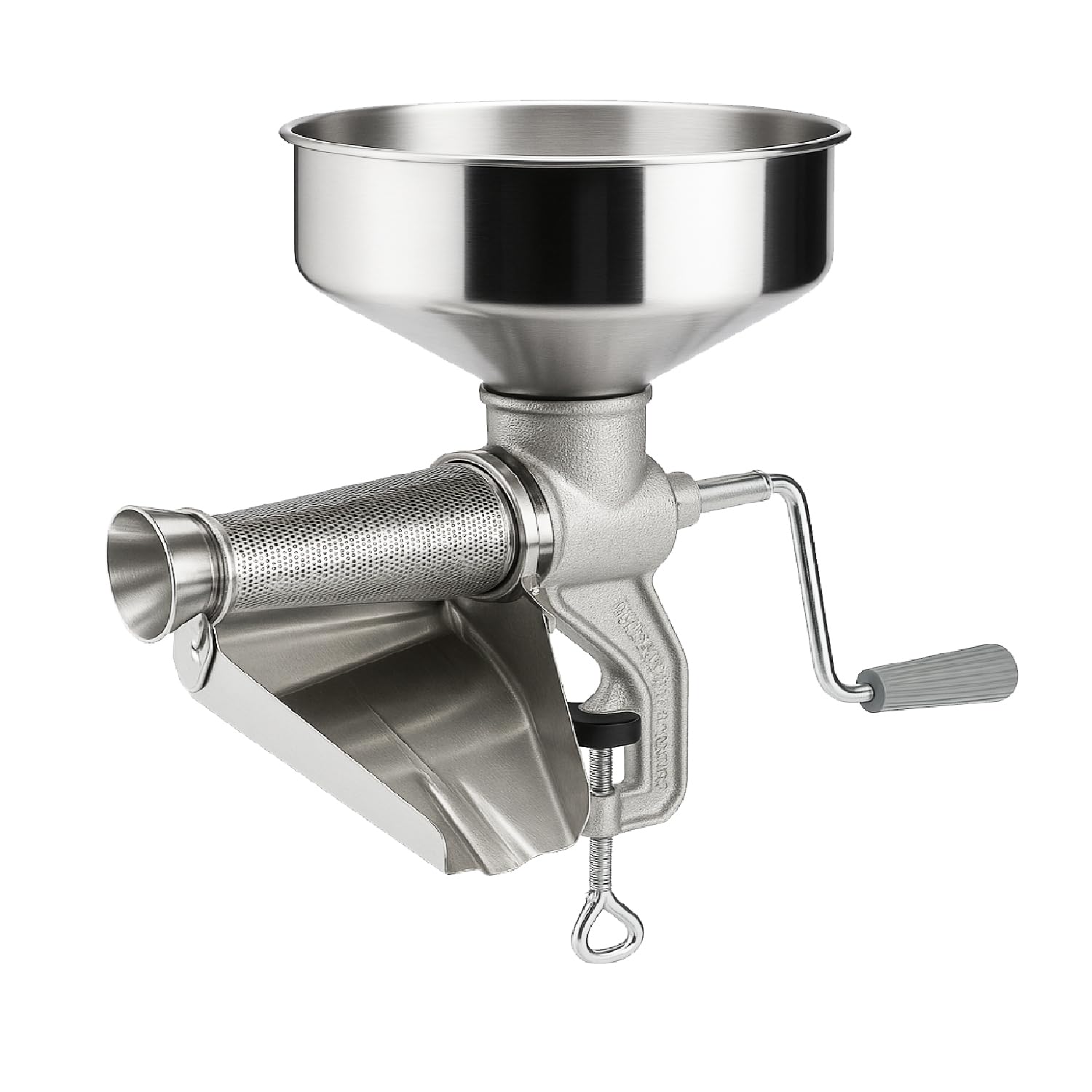 Crisalide® - Passapomodoro a Mano in Ghisa per Uso Alimentare, Elica in Plastica per Prodotti Caldi, Cono Filtro in Lamiera Stagnata, Imbuto e Sgocciolatoio in Acciaio Inox, Morsetto a Vite, 2,5 kg