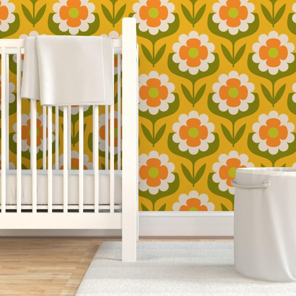 Peel & Stick Wallpaper 6ft x 2ft - Retro Floral Groovy Mid Mod Boho Bohemian MCM Midcentury Modern 1960S 1970S Yellow Green Orange Custom Removable Wallpaper by Spoonflower