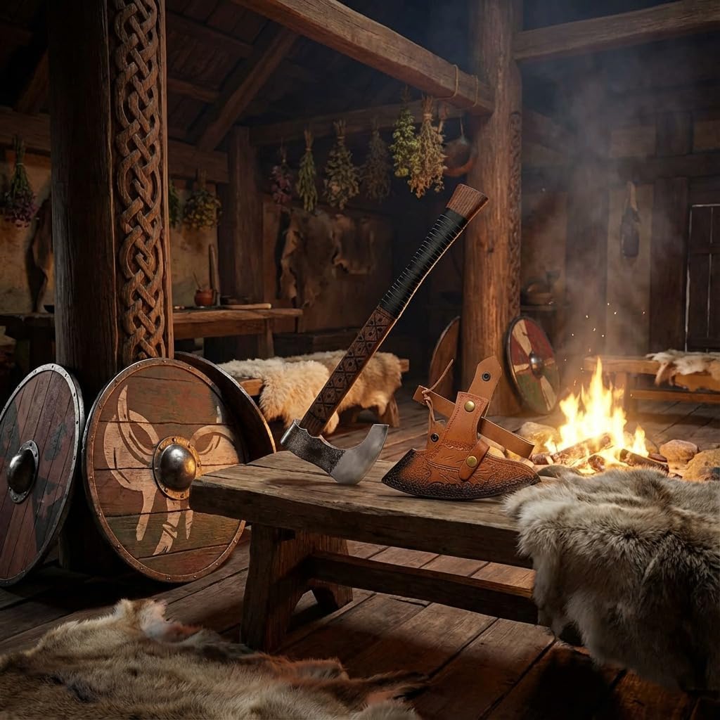 Kacha Store | Custom Handmade Viking Medieval Ax with Gift,Hand Axes,Viking Gifts for Men,Camping Tomahawk,Bearded,Valhalla Axe with Leather Sheath (Battle Axe) (Ragnar Ax)