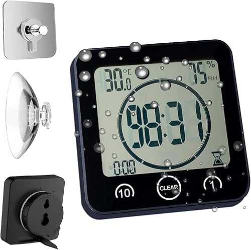Reloj de pared y temporizador de baño impermeable, temporizador digital resistente al agua para colgar en la ducha, pantalla grande, temporizador de
