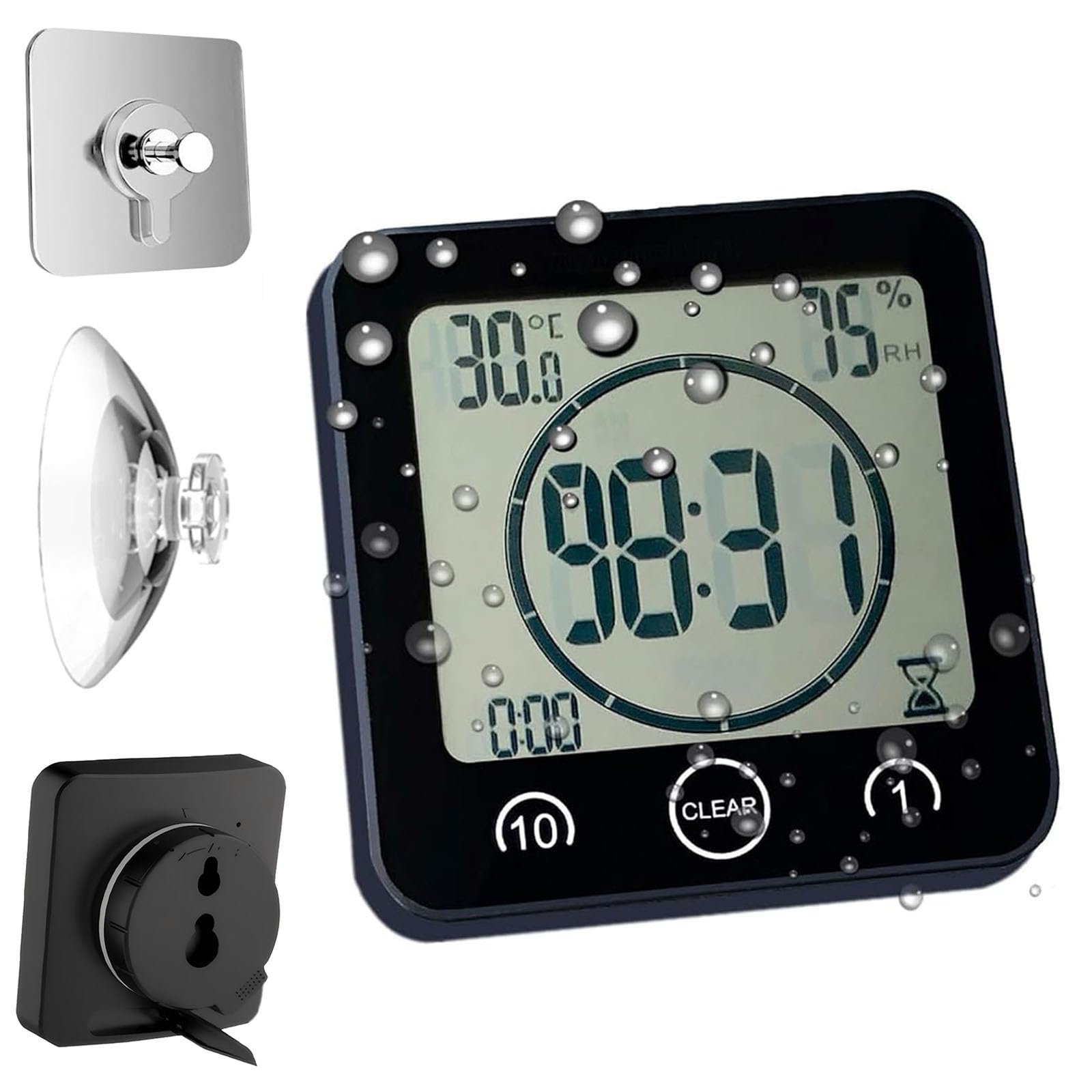 Waterproof Hanging Wall Clock Shower Timer, Large Digital Bathroom Alarm Clock for Kids, Big Visual Kitchen Cooking Countdown Timer, Bath Temperature Humidity Meter Mirror Suction Cup Timer (Black)