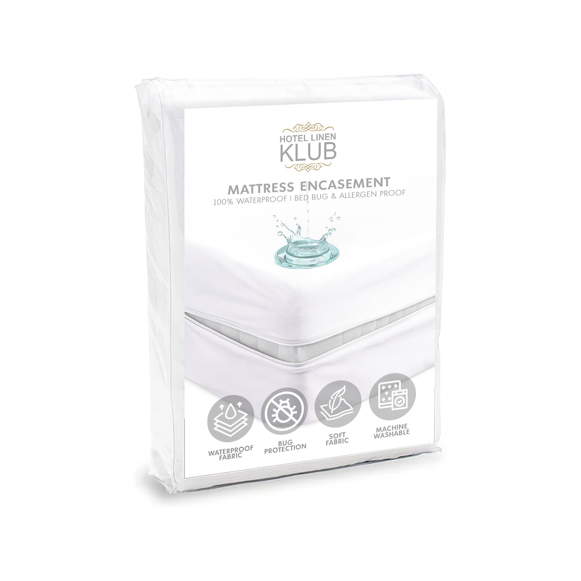 Hotel Linen Klub Mattress Encasement – 100% Waterproof, Bed Bug Proof, Dust Mite Protection, Full Zipper Enclosure – King (180 x 200 + 40 cm), Washable & Durable
