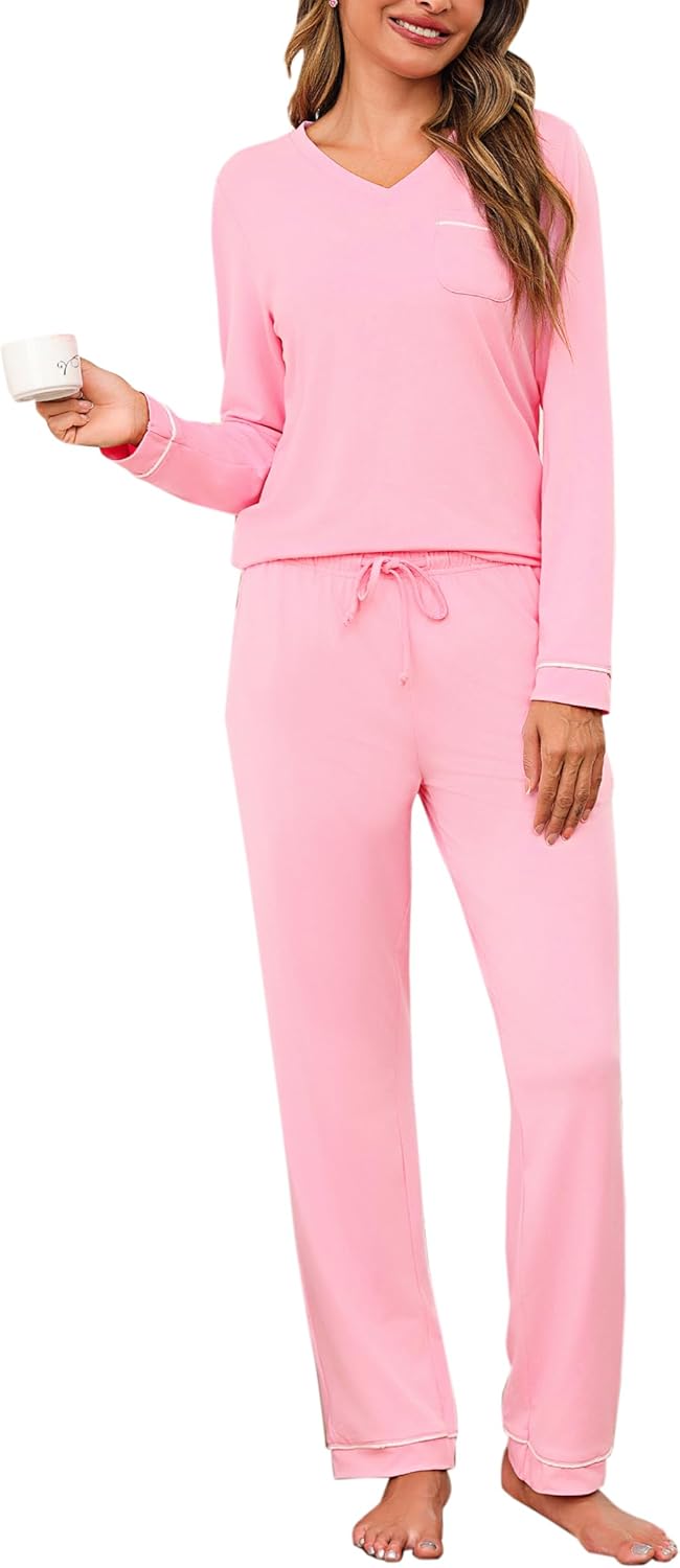 Litherday Damespyjama voor de winter, katoen, lang, comfortabel, V-hals, geruite broek, zakken en trekkoord, maat S-XXL, Zwart met roze ruiten, L