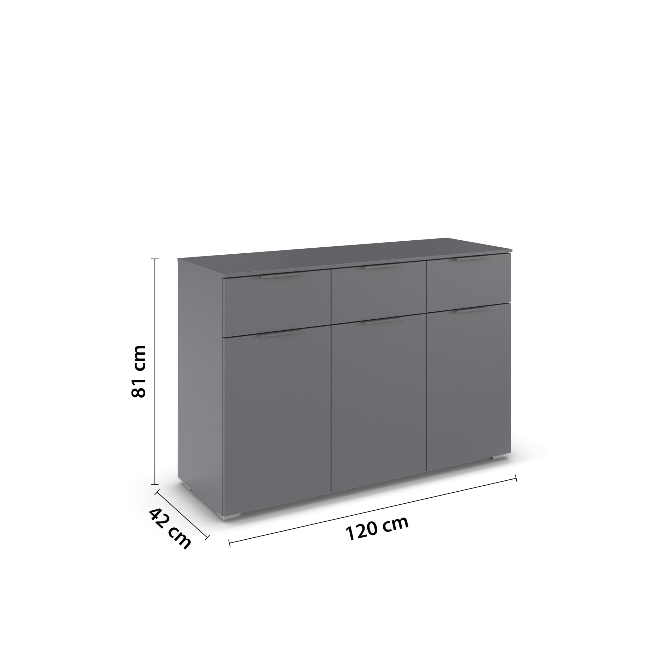 Rauch Möbel Alabama, Kommode für Schlafzimmer, Kinderzimmer, Garderobe, Flur, 3-türig, mit 3 Schubladen, Soft-Close-Funktion, Farbe Grau metallic, Schwarz, Maße 120x81x42cm | Sideboard 3-türig, 3 Schubladen, Soft-Close-Funktion, Griff Grau metallic, für S