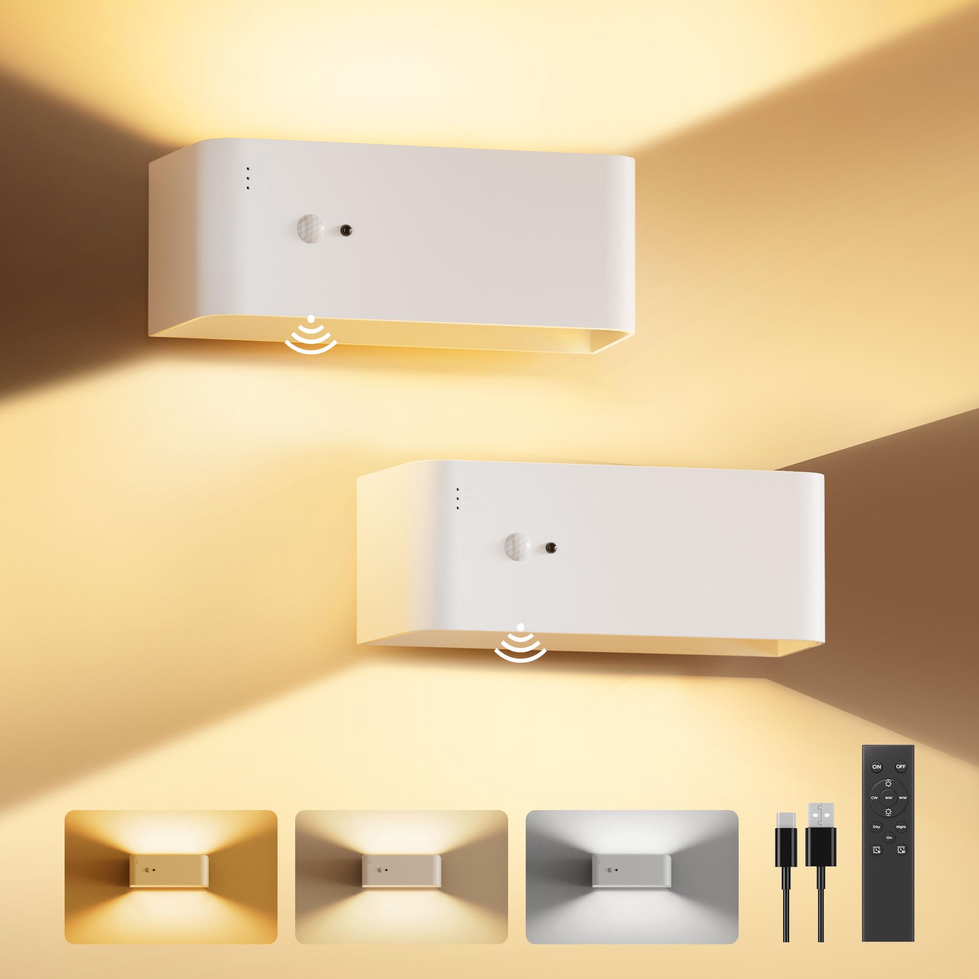 Motion Sensor Wall Sconces Indoor with Remote Control,Rechargeable 8000mAh Battery Operated Wall Lights,Cordless LED Dimmable Wall Lamps Set of Two for Bedroom and Hallway Up and Down, White 2Pack