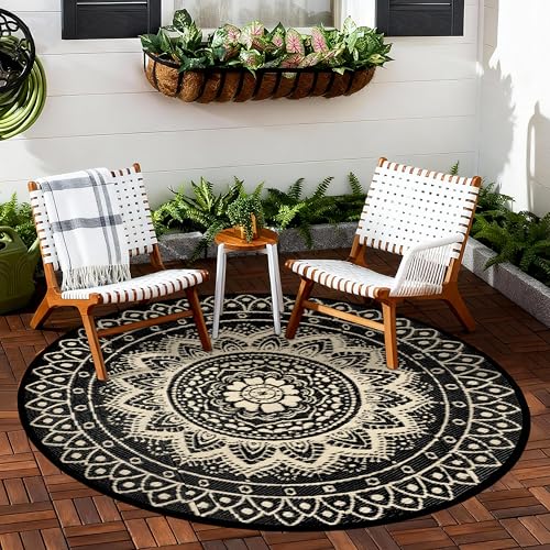 Tapis d'extérieur rond 150cm réversible noir et marron pour terrasse