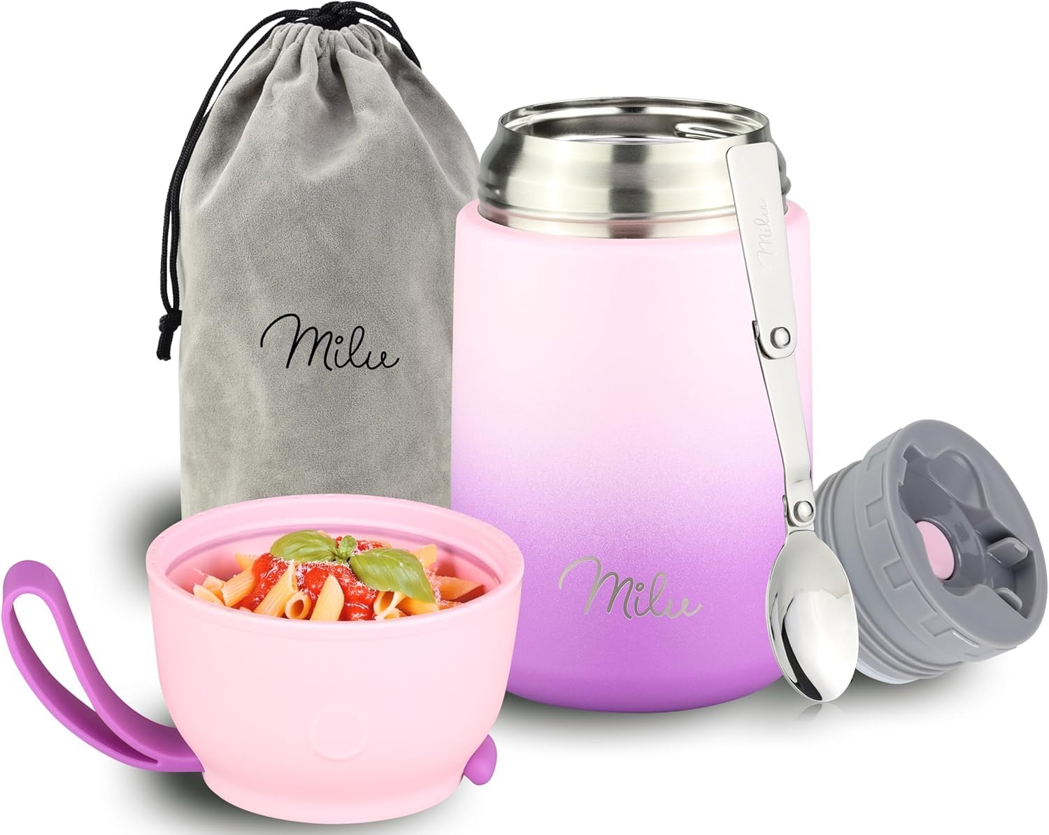 Milu® Thermo Food Flask 650ml - Stainless Steel Insulated Container - Lunchbox - Jar with Spoon for hot and Cold Food (Pink Violet, 650ml)