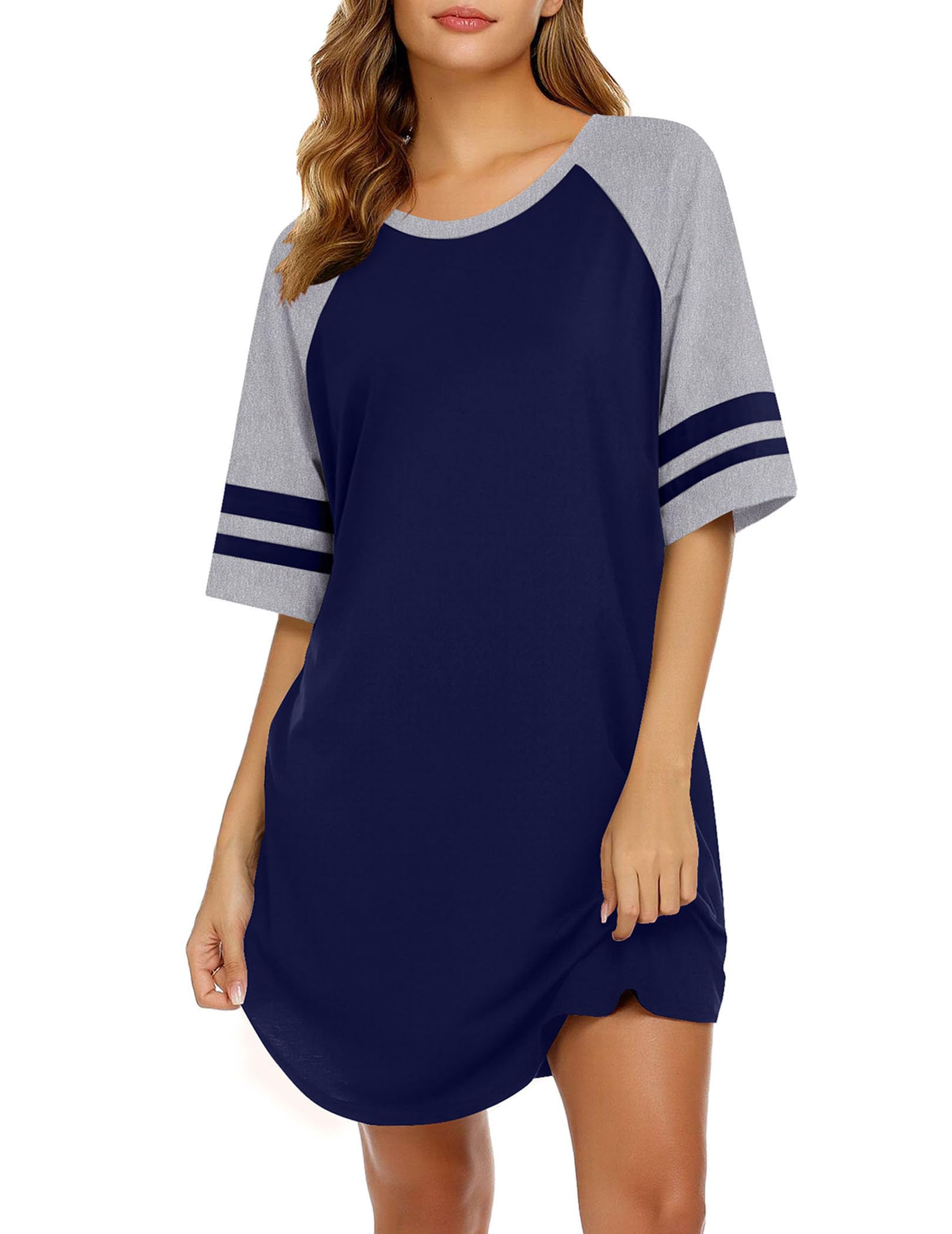 Ekouaer Cotton Nightgowns for Women Short Sleeve Sleep Shirts Crew Neck Night Shirts Soft Color Block Night Gown