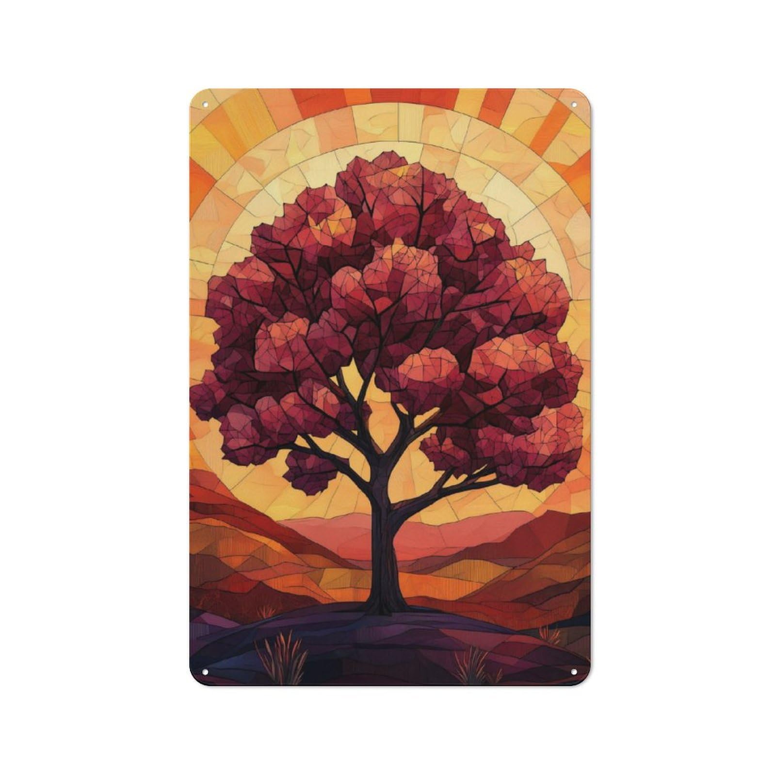 Junmoney Tree Silhouette Sunset Stanied Glass Metal Plaque 30X20cm With For Workshop Wall, Retro Decor, For Garage, Workshop And Man Cave Decoration