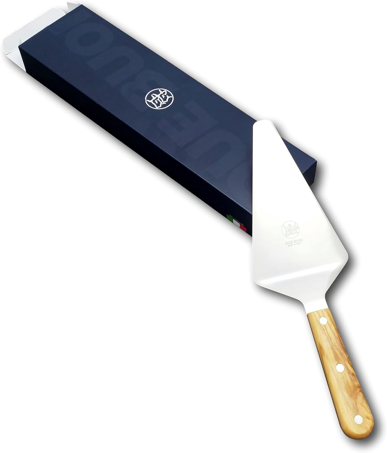 DUE BUOI Triangular Spatula Pizza-Cake Server Olive wood handle. Blade dimension 4.00" x 6.30". Hardened stainless steel. Professional quality restaurant. Full Tang Triple Riveted.