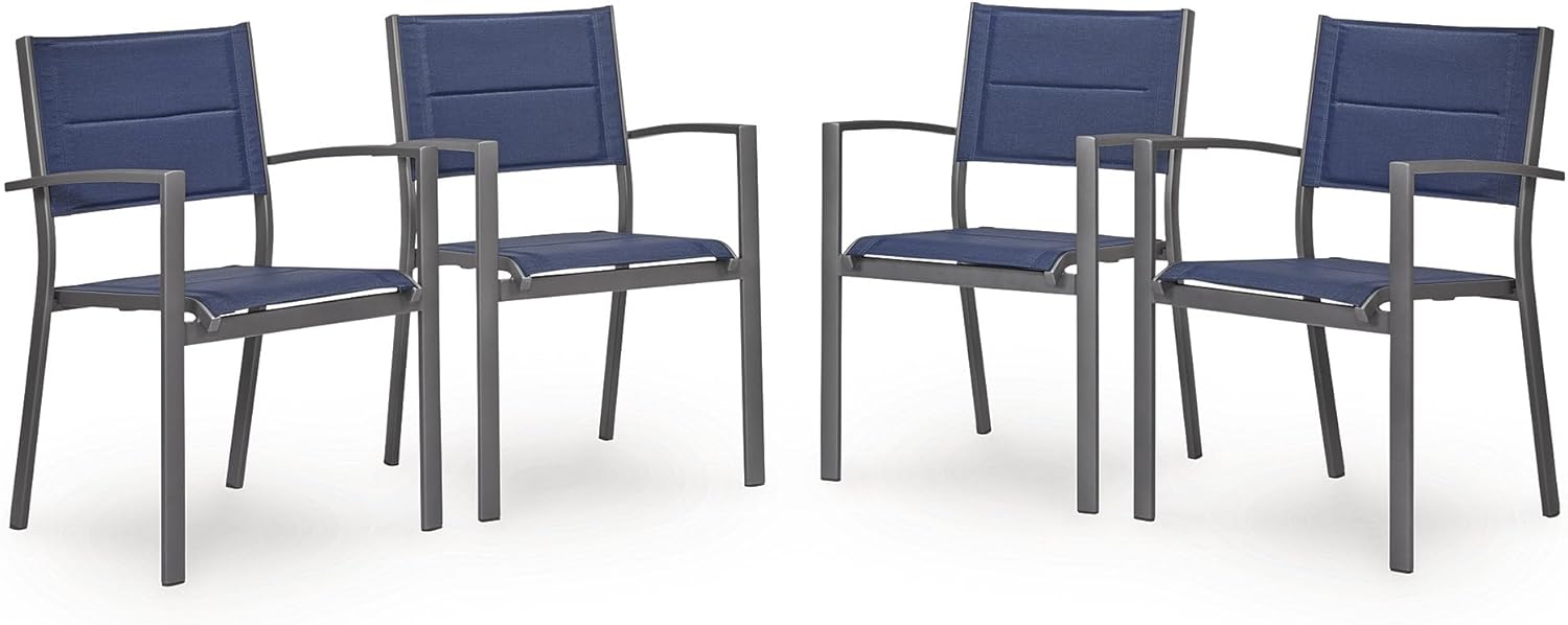 Signature Design by Ashley Point Bonita Contemporary Outdoor Stackable Sling Arm Chair, Set of 4, Dark Blue & Gray