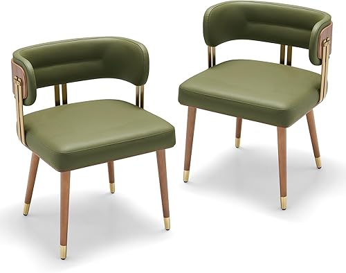 Miniatura 8 de ARTPLAN Mid-Century - Juego de 2 sillas de comedor tapizadas de cuero con chapa de madera de nogal y patas de metal dorado, cojín de espuma de alta