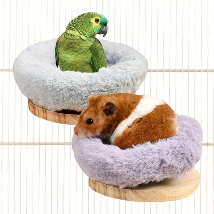 Image of 2Pcs Bird Perch Stand Platform Plush Parrot Hanging Hammock Warm Bird Nest Snuggle Hut Birds Sleeping Bed Wood Perch for Parrot, Budgies, Parakeet, Cockatiels, Conure, Lovebirds-Purple&Grey