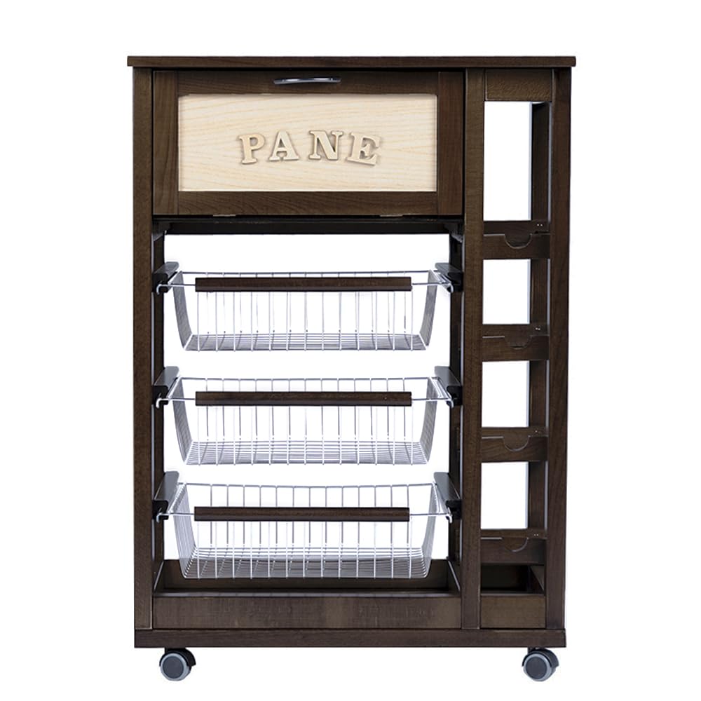Carrello da cucina portapane e portabottiglie in legno con ruote per casa giardino (Noce)
