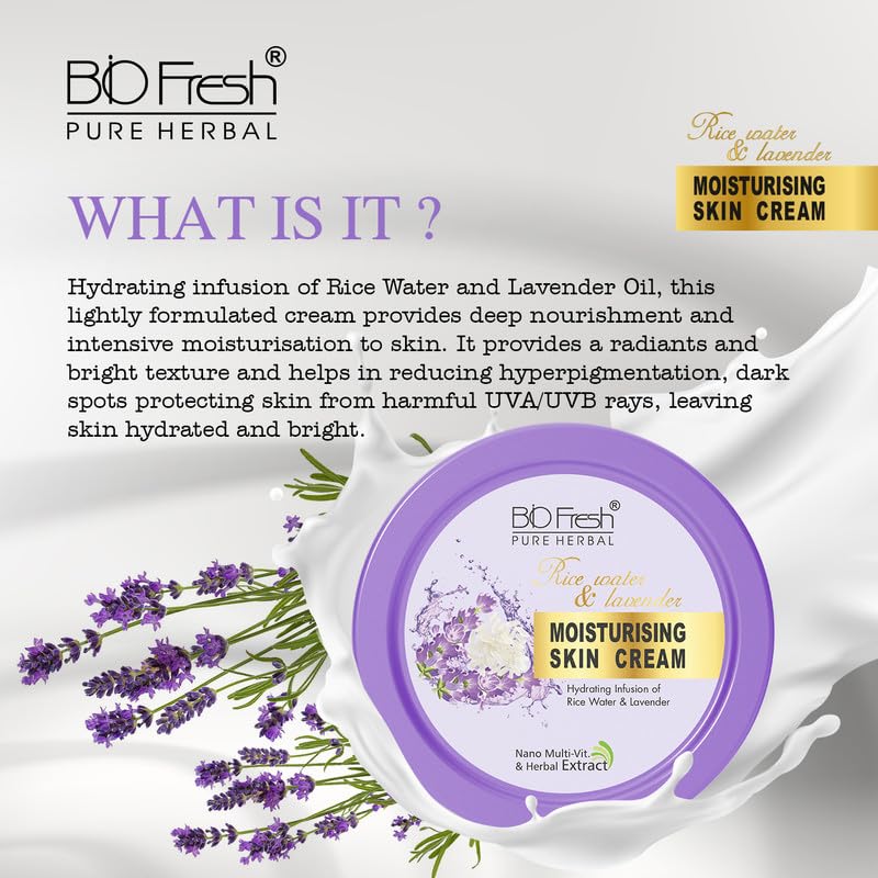 Image of BIOFRESH HERBALS Body Cream - Rice Water & Lavender Deep Intense Moisturizing Cream Non-Greasy with 24-Hour Hydrating for Soft Dry Skin (800ml, Pack of 1)