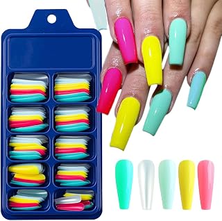 CHANGAR Colorful Long Coffin False Nails Ballerina Fake Nail Candy Press On Nail Acrylic Nail Tips Full Cover Colorful Artificial Nails for Nail Salons and DIY Nail Art (100Pcs)