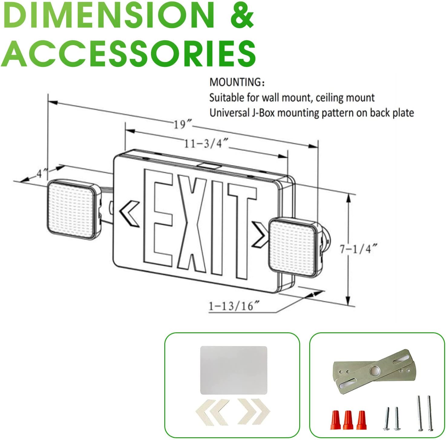 LED Green Emergency Light Combo Exit Sign with Battery Backup, Two LED Adjustable Lamp, 120V/277V Dual Voltage, Fire Resistant, UL Certified GC4 for Apartments Hotels Hospitals