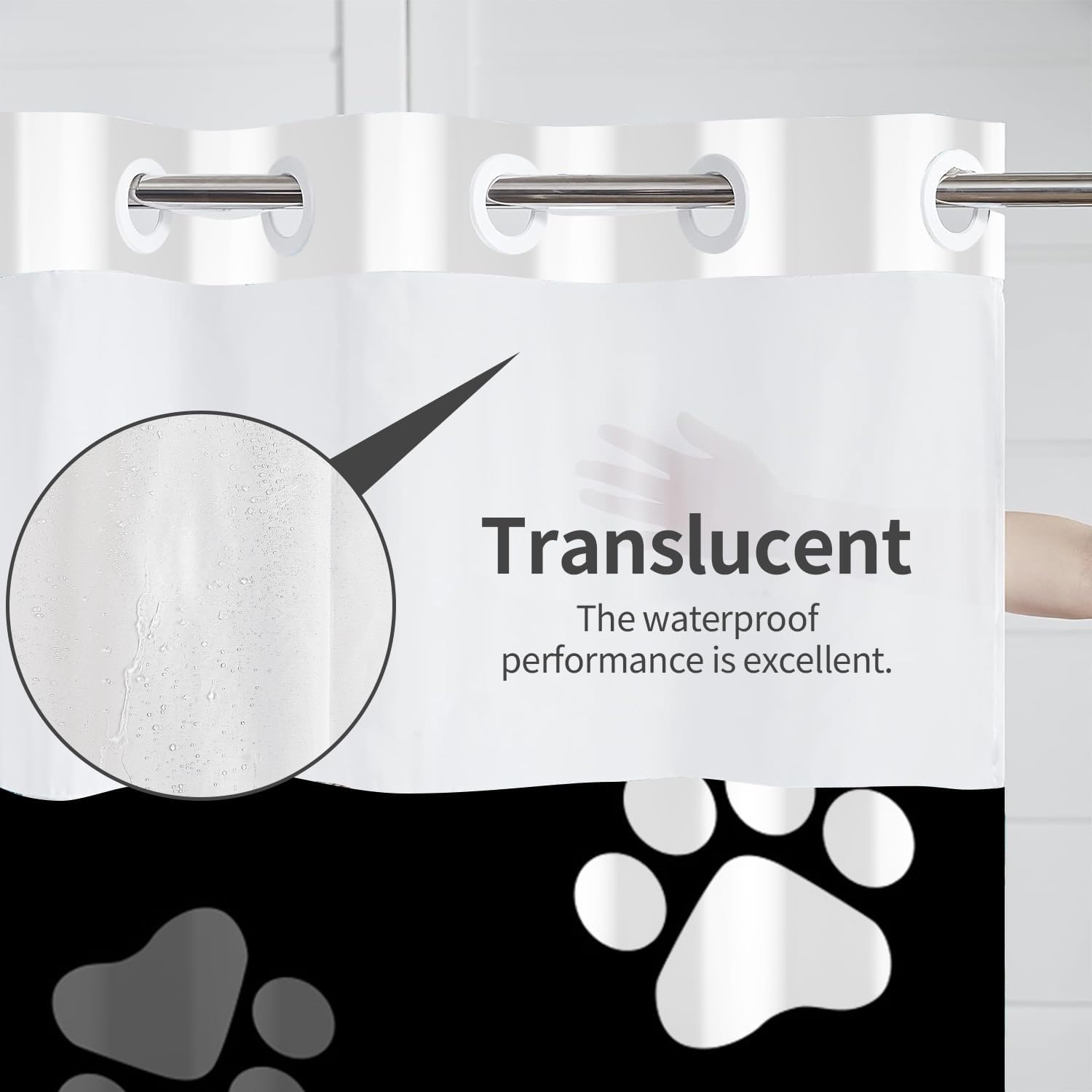 No Hook Shower Curtain Funny Dog Claw Shower Curtain with Snap in Liner Hotel Black Gray Modern Shower Curtains for Bathroom Double Fabric Washable 71x74 Inch